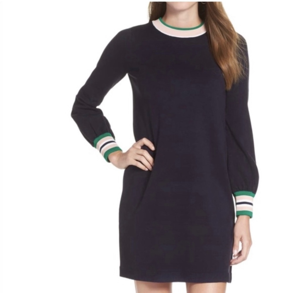 1901 Navy Blue Sweater Dress with Varsity Stripe